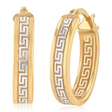 9ct Two Tone Gold Silverfilled Oval Greek Key Hoop Earrings