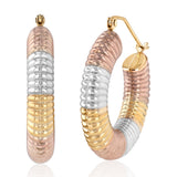 9ct Three Tone Gold Silverfilled Ribbed Tube Hoop Earrings