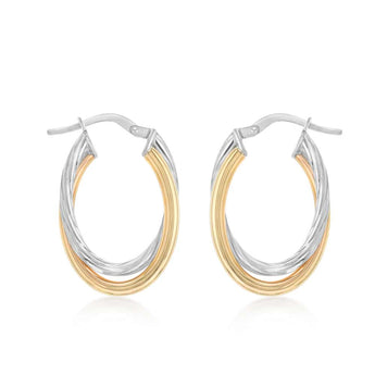 9ct Yellow Gold and Sterling Silver Intertwined Oval Hoop Earrings