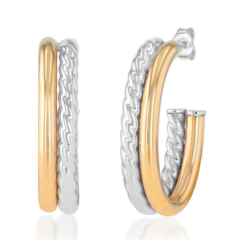 9ct Yellow Gold and Sterling Silver Fancy Double 3/4 Hoop Earrings