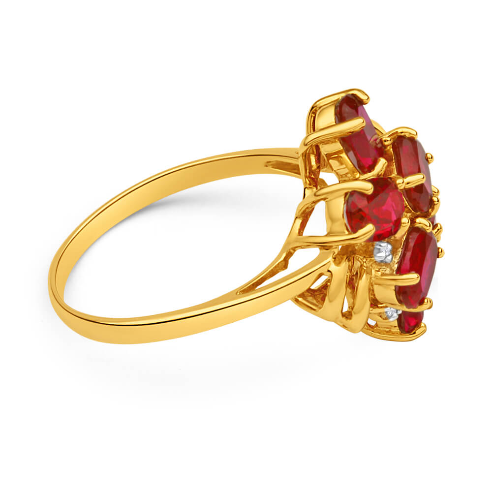 9ct Yellow Gold 6 Oval Created Ruby + 3 Diamond Ring Grahams Jewellers