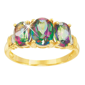 Oval Natural Enhanced Mystic Topaz and Diamond Trilogy Ring in 9ct Yellow Gold