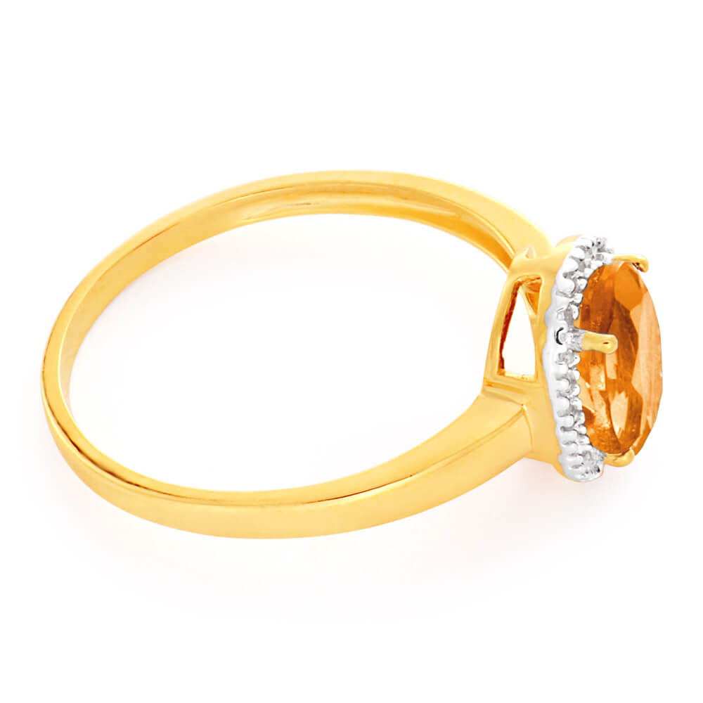 9ct Yellow Gold Citrine 6x8mm and Diamond Ring