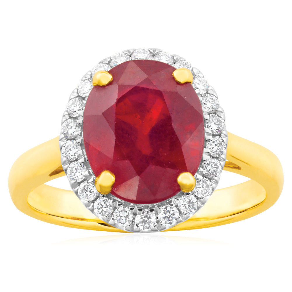 9ct Yellow Gold Diamond + Natural Enhanced/Heat Treated Ruby Ring