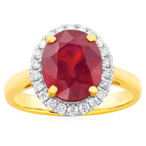 9ct Yellow Gold Diamond 4.3ct Natural Enhanced/Heat Treated Ruby and 1/4 Carat Diamond Ring