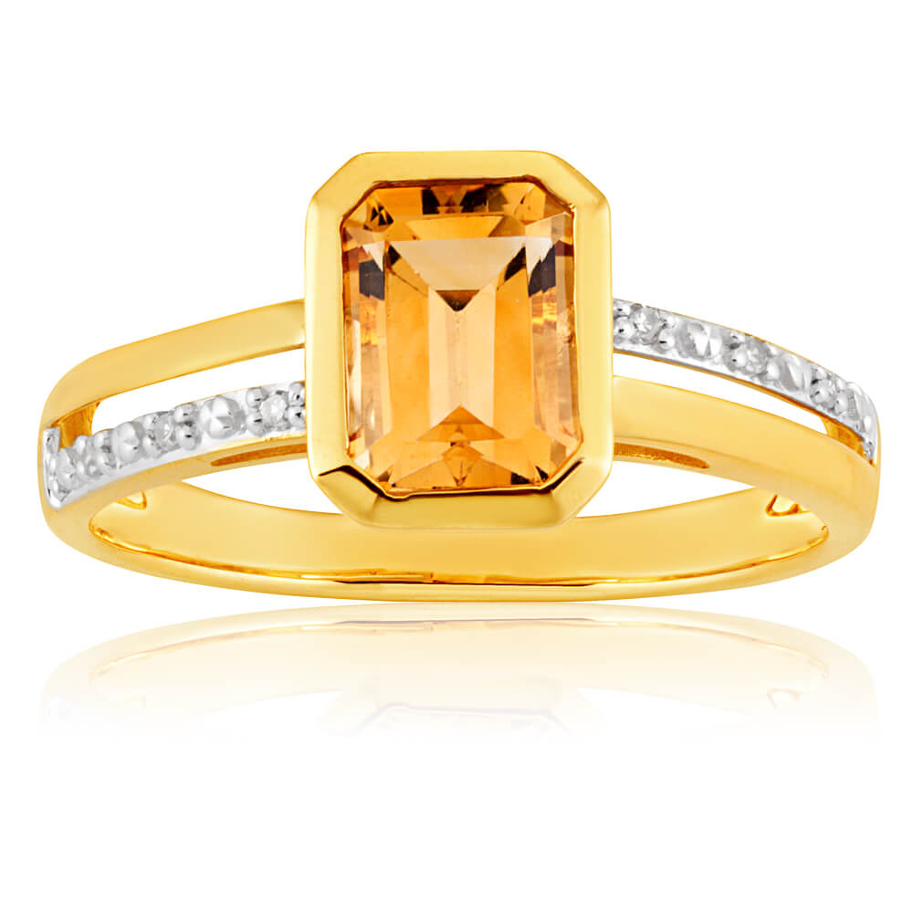 9ct Yellow Gold Citrine + 6 Diamond Ring