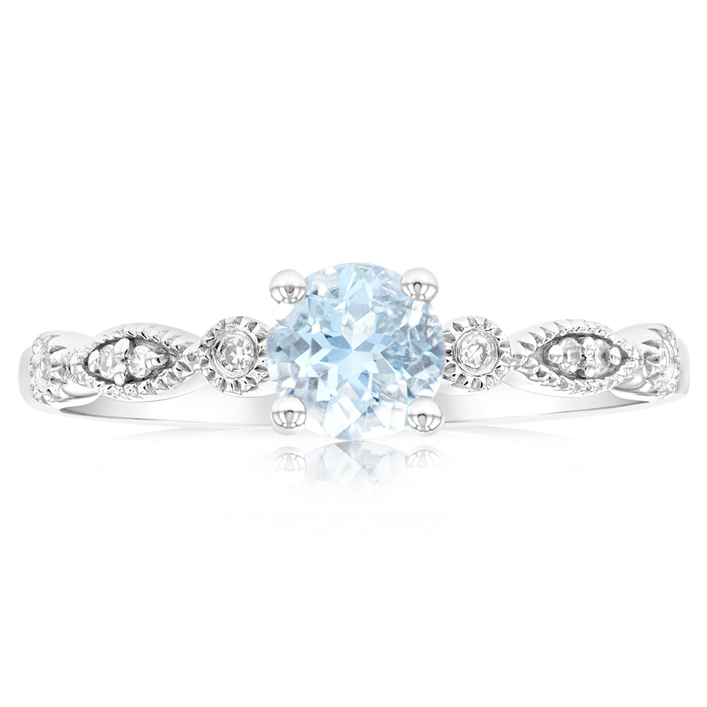 9ct White Gold 5mm Round Cut 0.45ct Aquamarine and Diamond Ring