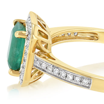 1ct Natural Emerald and 0.15 Carat Diamond Ring in 9ct Yellow Gold