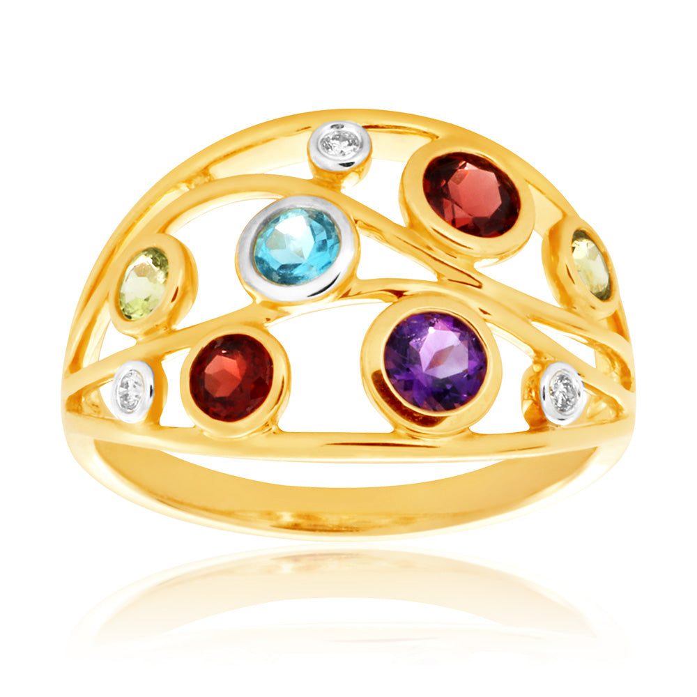 9ct Yellow Gold Multi Gemstone & Diamond Ring
