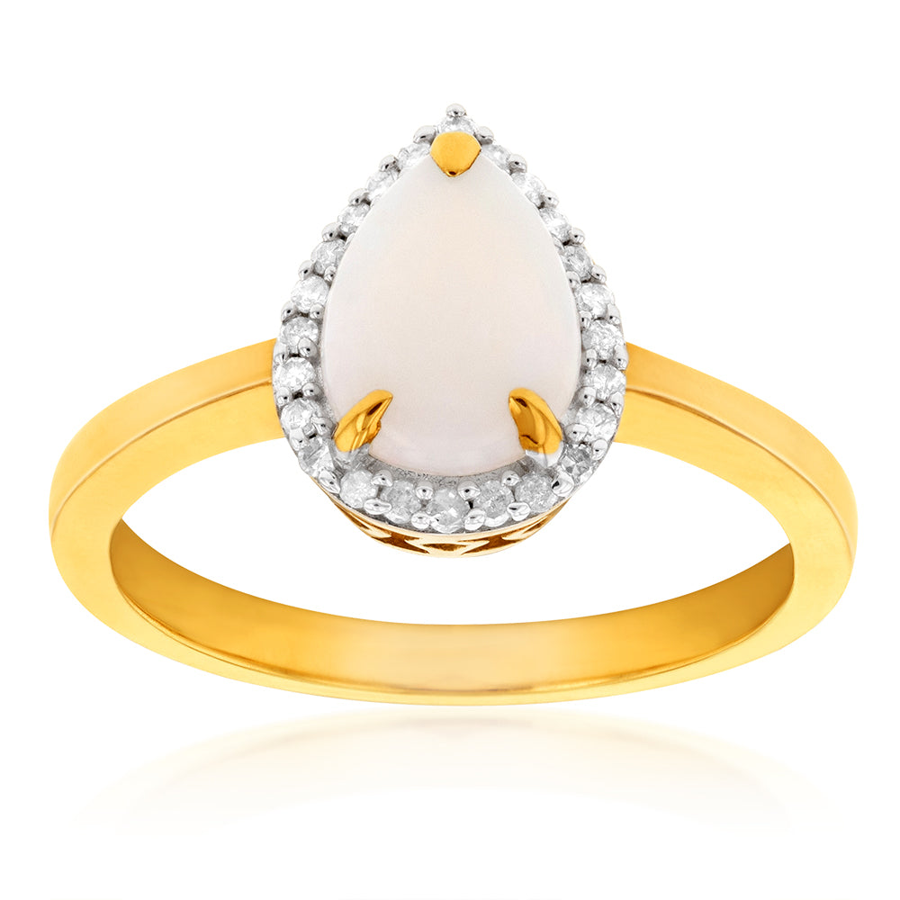 9ct Yellow Gold Natural White Solid Opal & Diamond Pear Shape Ring