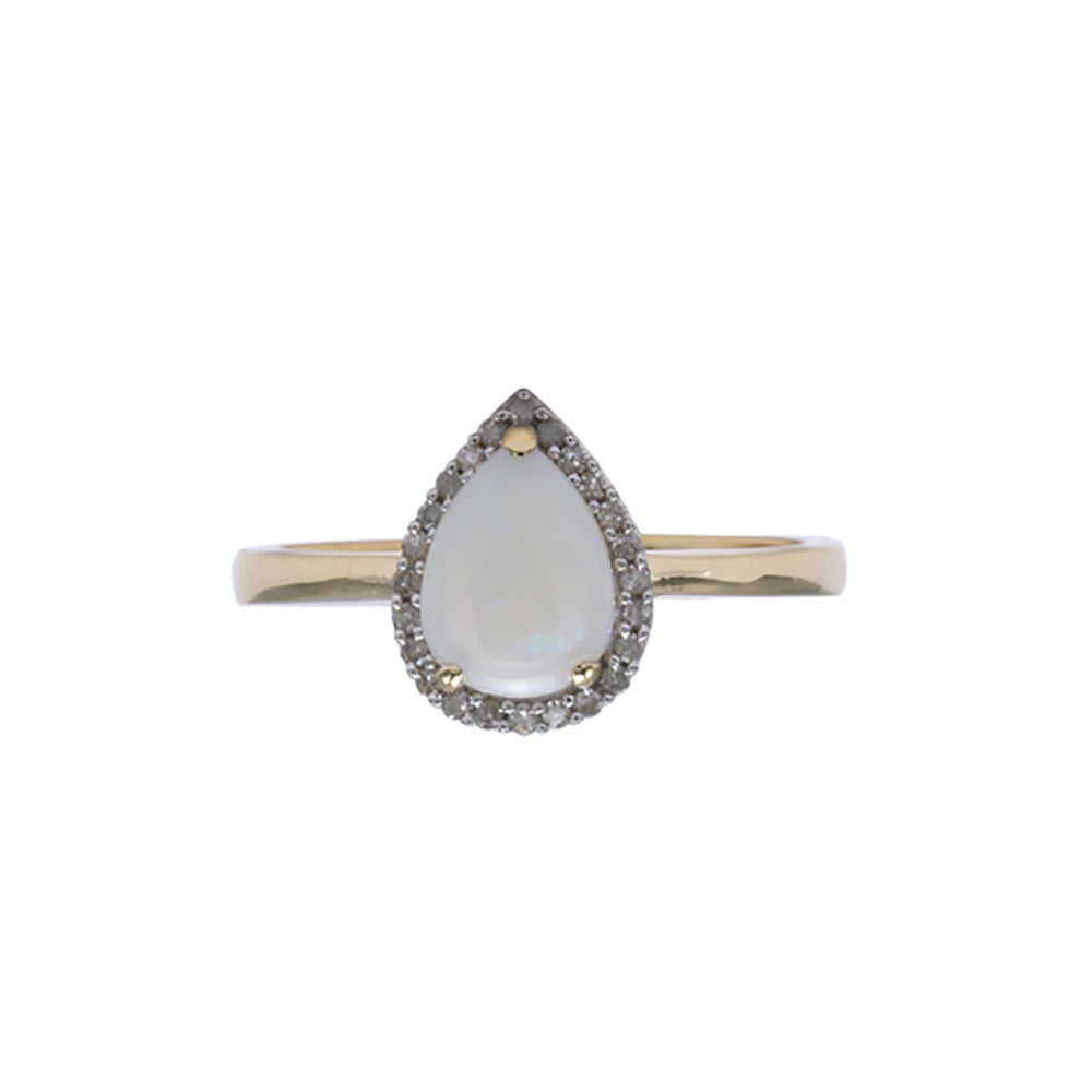 9ct Yellow Gold Natural White Solid Opal & Diamond Pear Shape Ring