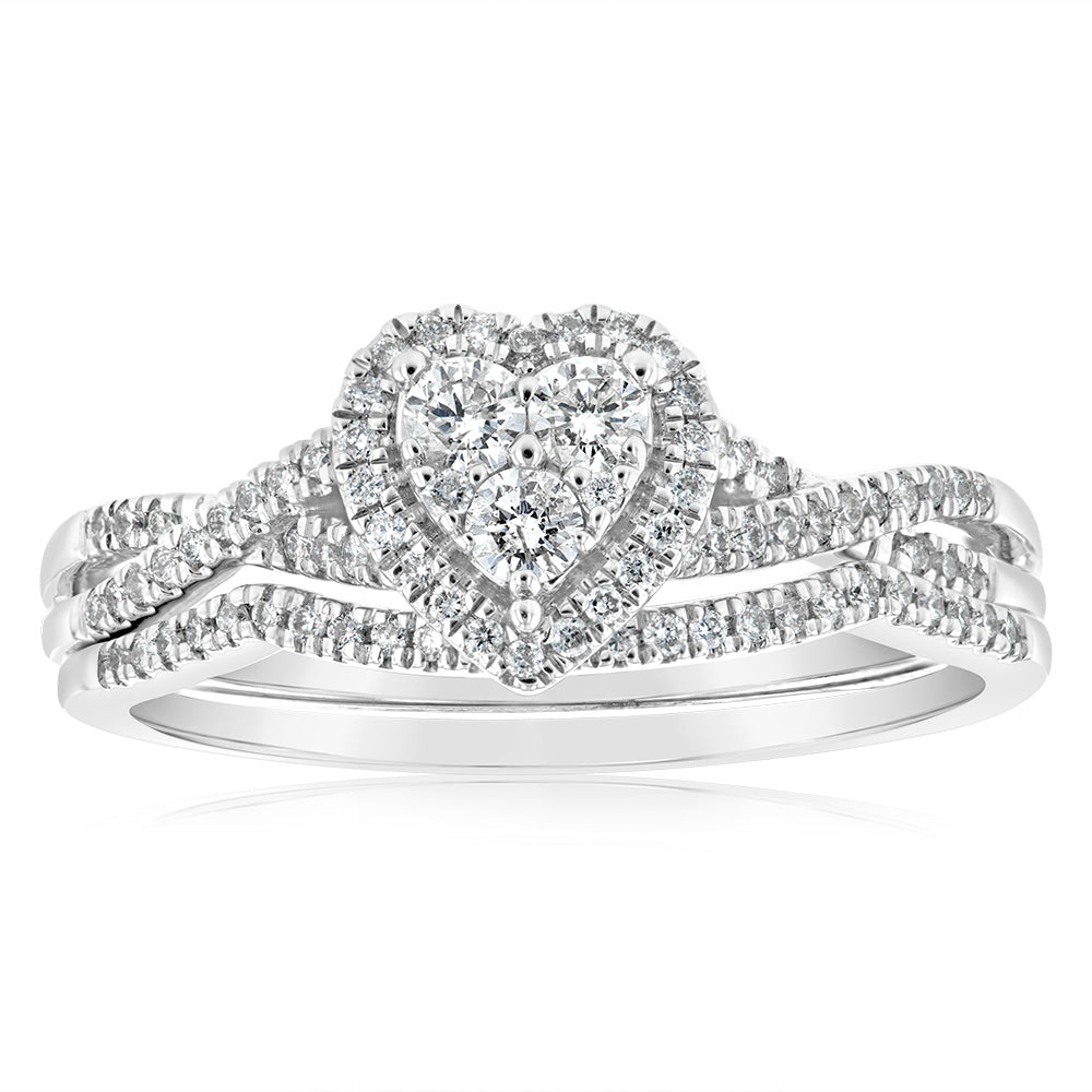 9ct White Gold 1/2 Carat Diamond Heart Shape 2-Ring Bridal set