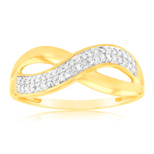 Load image into Gallery viewer, 9ct Yellow Gold Diamond Cross Over Ring with 20 Briliiant Diamonds