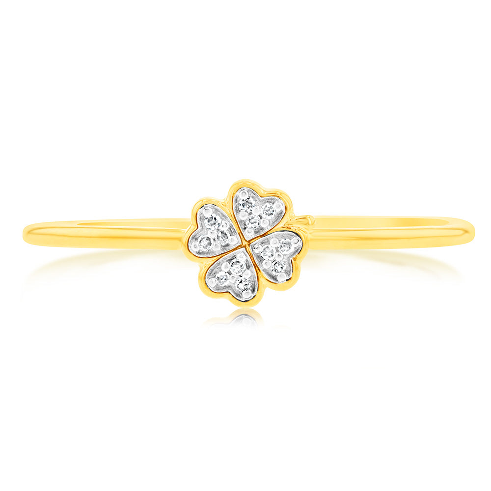 9ct Yellow Gold Diamond 4 Leaf Clover Ring with 12 Brilliant Diamonds