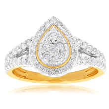 Load image into Gallery viewer, 9ct Yellow Gold 1 Carat Diamond Pear Shape Cluster Split Shank Ring