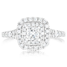 Load image into Gallery viewer, 9ct White Gold 1 Carat Princess Diamond Solitaire Ring with Brilliant Halo and Sides