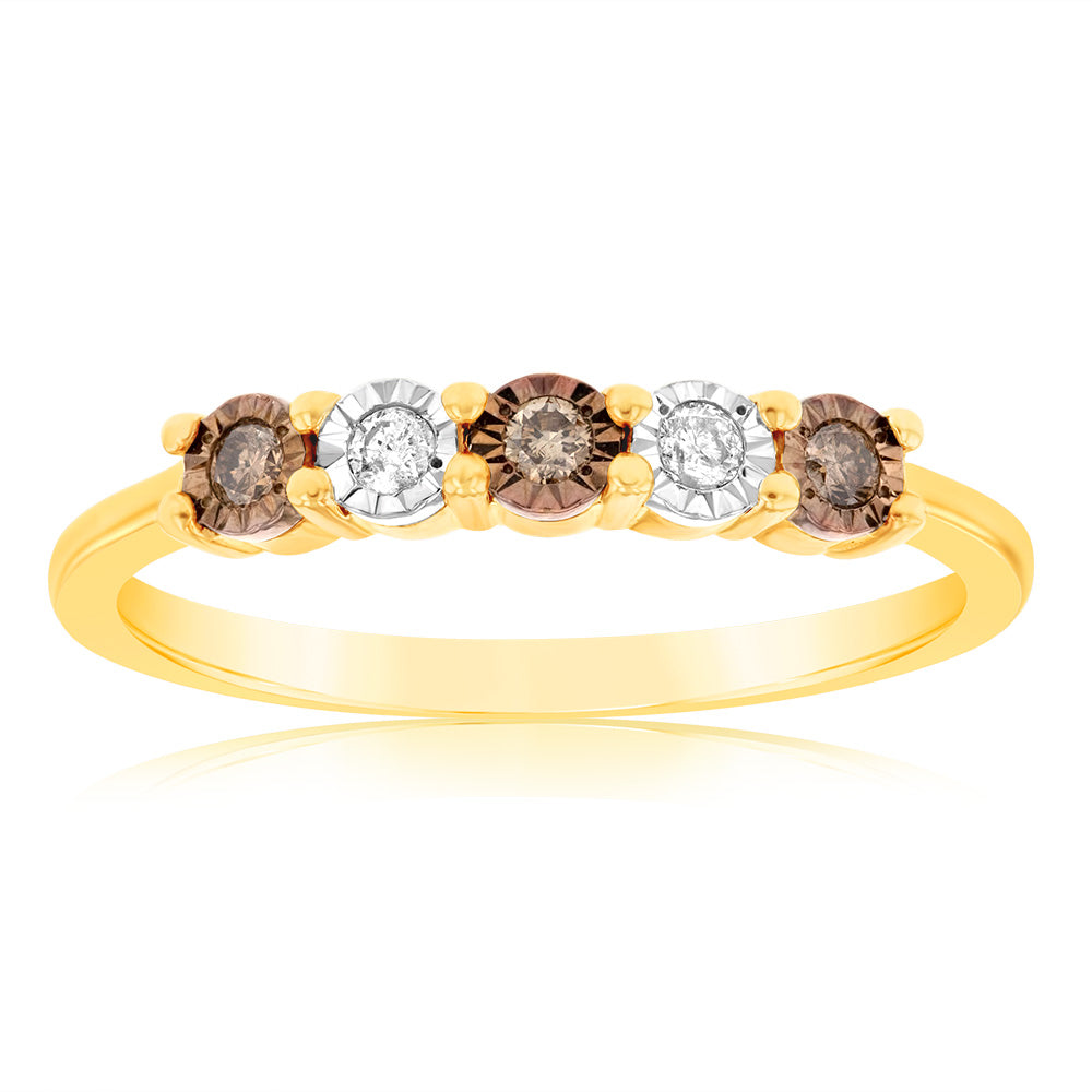 9ct Yellow Gold Australian Champagne Diamond Ring with 2 Brilliant White Diamonds