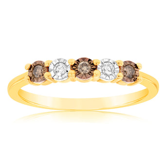 9ct Yellow Gold Australian Champagne Diamond Ring with 2 Brilliant White Diamonds