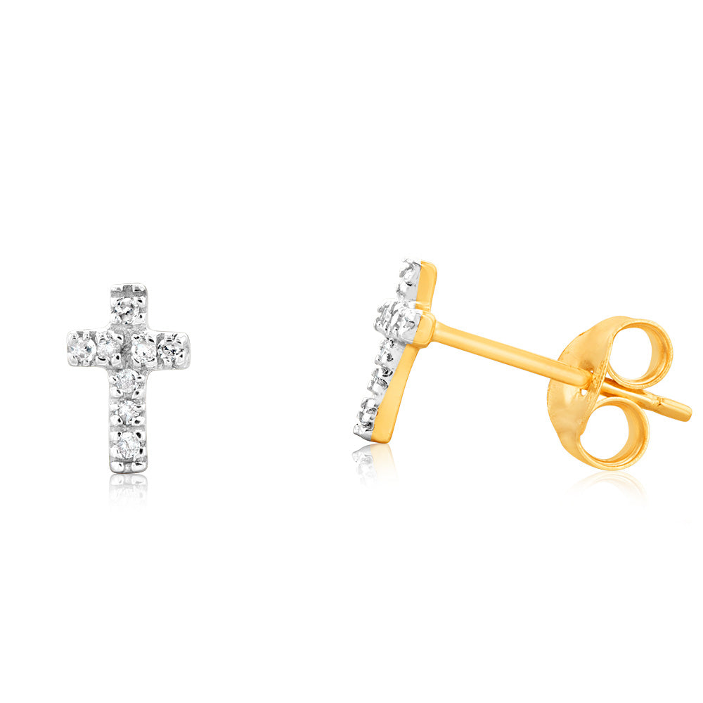 9ct Yellow Gold Diamond Cross Stud Earrings with 16 Brilliant Cut Diamonds