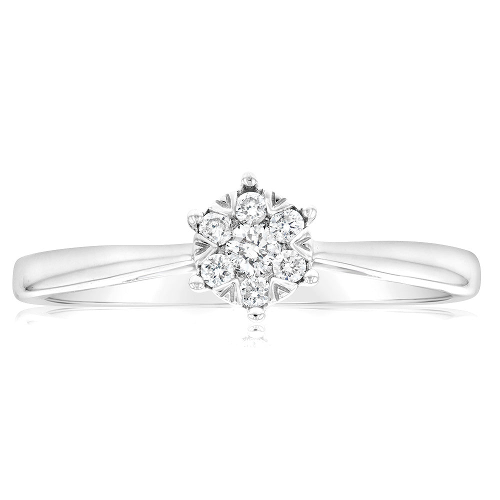 9ct White Gold with 7 Diamonds Cluster Engagement Ring