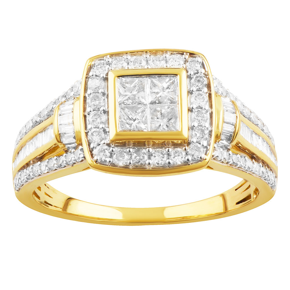 9ct Yellow Gold 1 Carat Diamond Ring with Princess Brilliant and Baguette Diamonds
