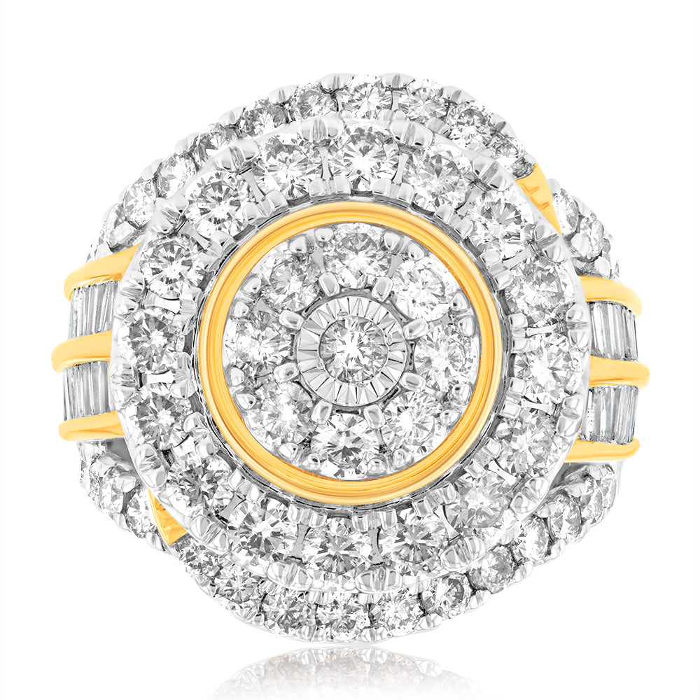 9ct Yellow Gold 3.05 Carat Diamond Ring with Brilliant and Tapered Baguette Diamonds