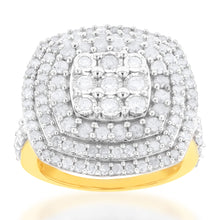 Load image into Gallery viewer, Sterling Silver and 9ct Yellow Gold 2 Carat Diamond Cushion Shape Cluster Ring