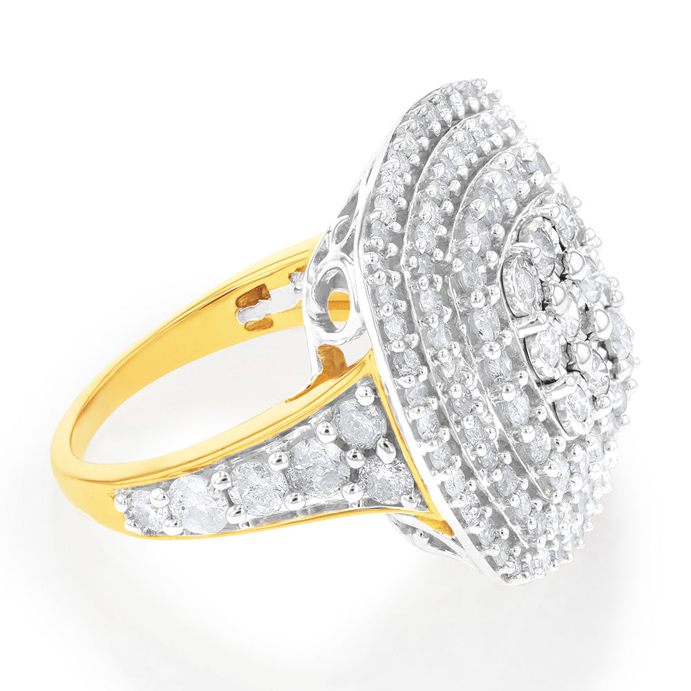 Sterling Silver and 9ct Yellow Gold 2 Carat Diamond Cushion Shape Cluster Ring
