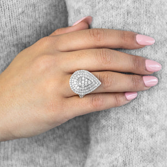 Sterling Silver and 9ct Yellow Gold 3 Carat Diamond Pear Shaped Cluster Ring