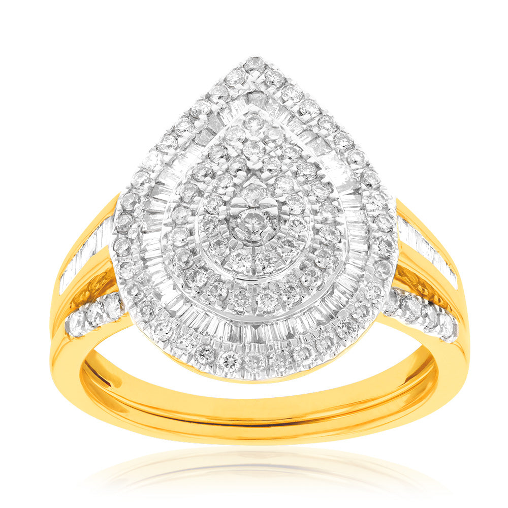 9ct Yellow Gold 1 Carat  Diamond Pear Shape Cluster Bridal 2-Ring Set