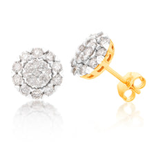 Load image into Gallery viewer, 9ct Yellow Gold 1 Carat Diamond Stud Earrings  with 38 Diamonds