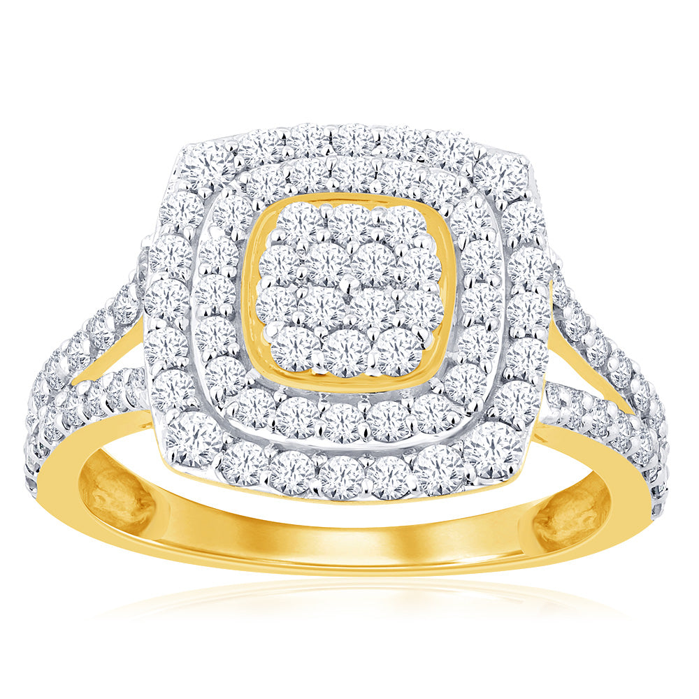 9ct Yellow Gold 1 Carat Diamond Cushion Shape Cluster Ring