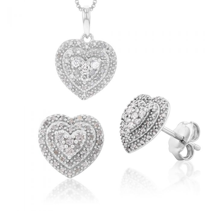 Sterling Silver 1/2 Carat Diamond Pendant and Earring Heart Shape Set on 46cm Chain