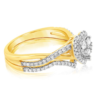 9ct Yellow Gold 1/2 Carat Diamond Bridal 2-Ring Set with Heart Shape Cluster