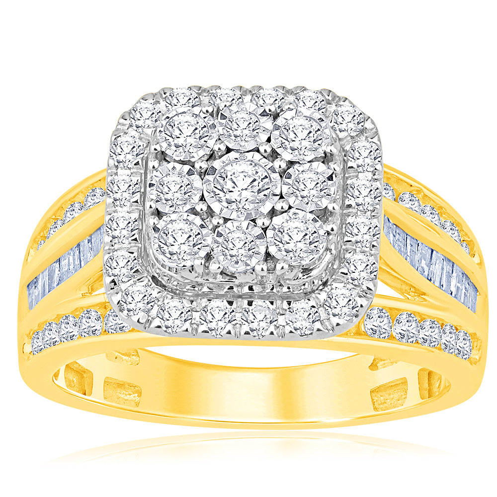9ct Yellow Gold 1 Carat Diamond Cushion Cluster Ring
