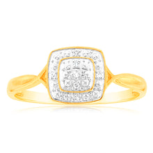 Load image into Gallery viewer, 9ct Yellow Gold Diamond Cushion Shape Cluster Ring With 7 Brilliant Cut Diamonds