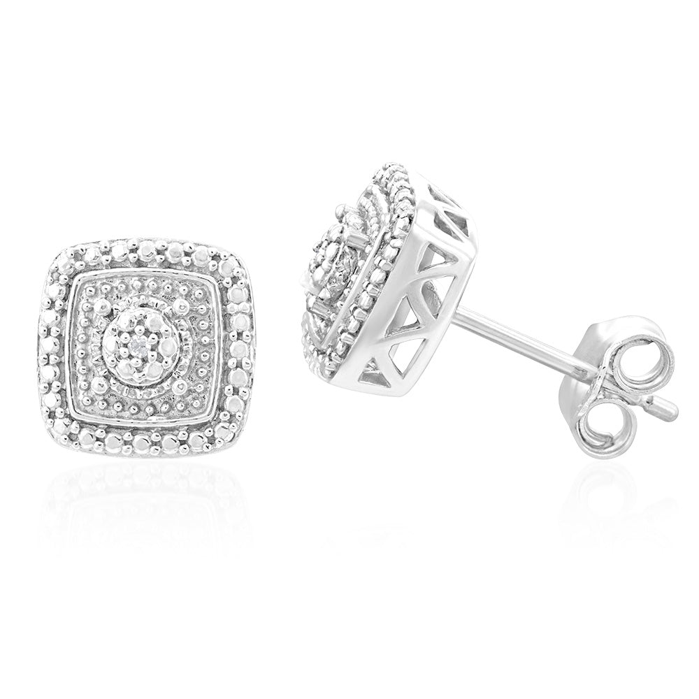Sterling Silver With 2 Diamond Cushion Shape Earring Stud