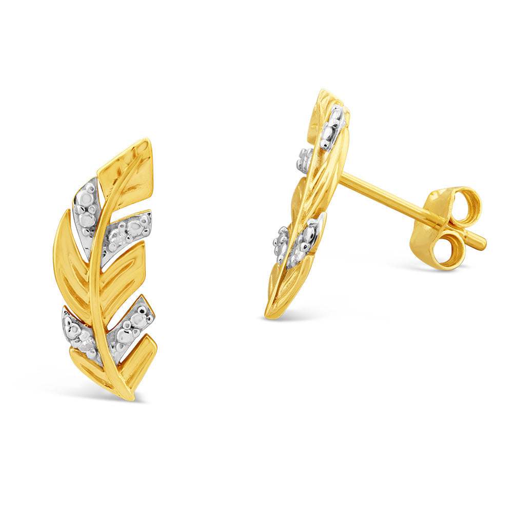 9ct Yellow Gold Diamond Feather Stud Earrings