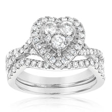 Load image into Gallery viewer, 9ct White Gold 1 Carat Cluster Heart Diamond Bridal Set Ring