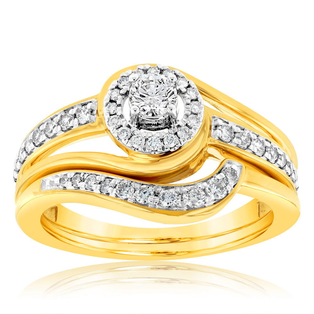 9ct Yellow Gold 1/2 Carat Diamond Bridal Set Ring with Halo Setting