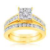 9ct Yellow Gold 1 Carat Diamond Bridal Set Ring with Halo Setting