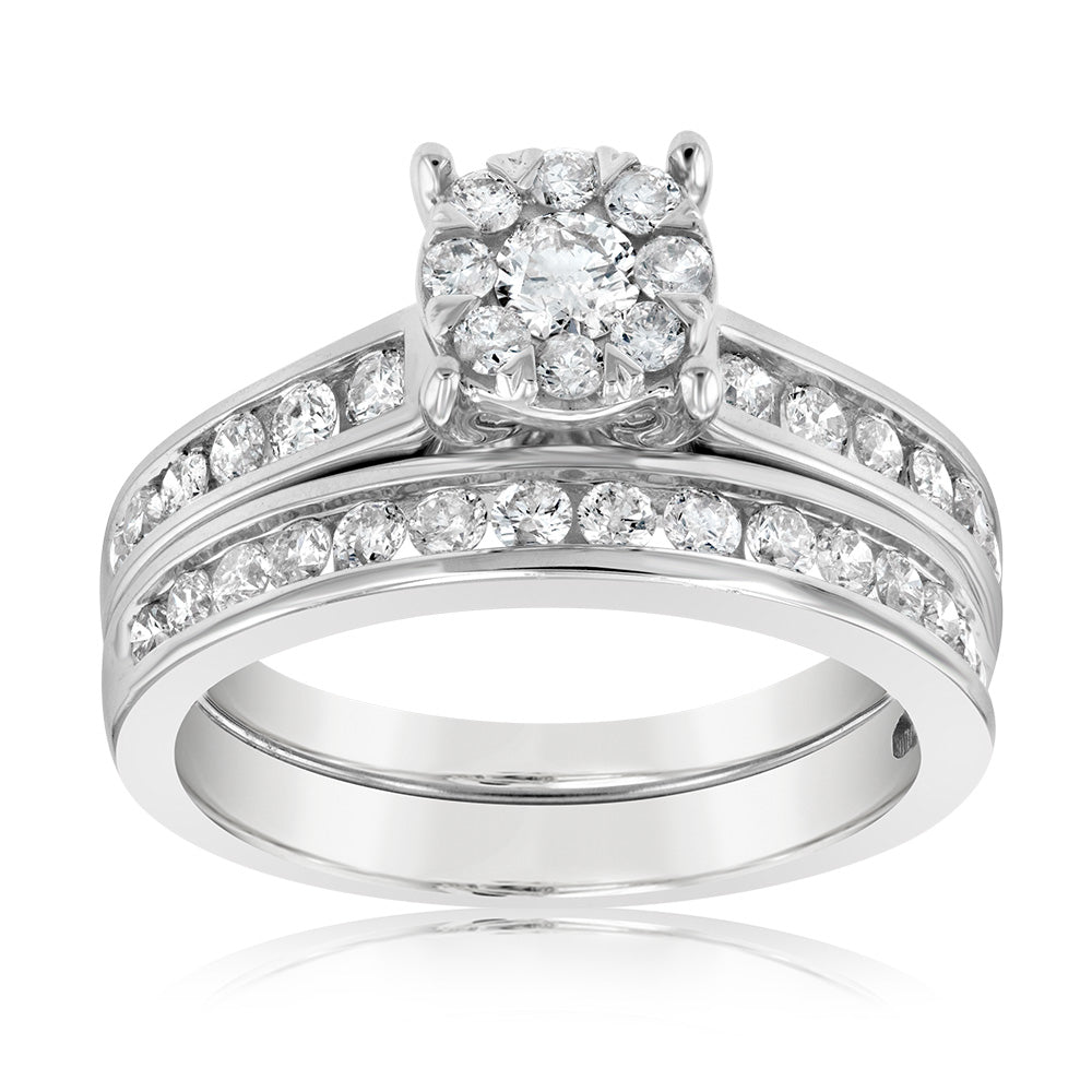 9ct White Gold 1 Carat Diamond Bridal Set Ring with Halo Setting