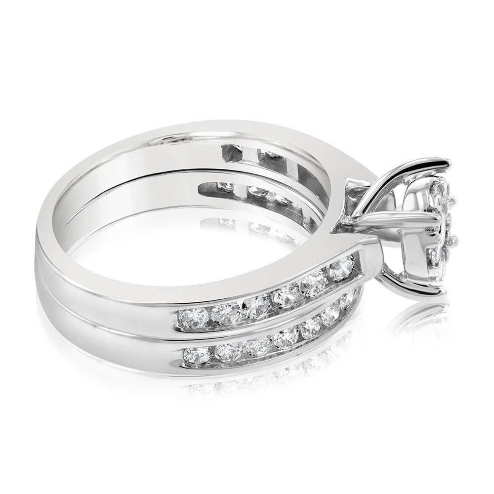 9ct White Gold 1 Carat Diamond Bridal Set Ring with Halo Setting
