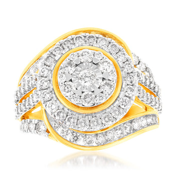 9ct Yellow Gold 2 Carat Diamond Ring with 99 Brilliant Cut Diamonds