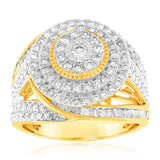 9ct Yellow Gold 2 Carat Diamond Dress Ring with Brilliant and Baguette Diamonds