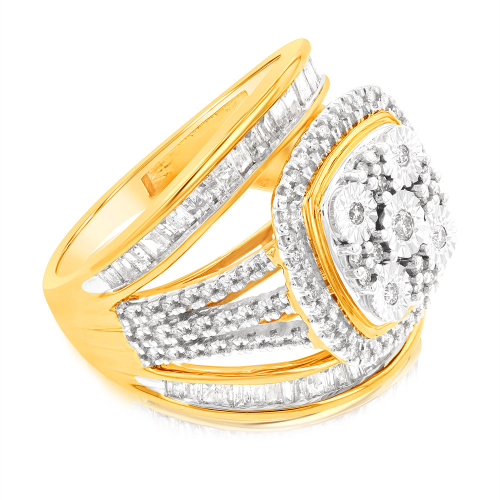 9ct Yellow Gold 1 Carat Diamond Square Cushion Shape Cluster Dress Ring