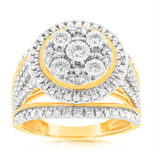 Load image into Gallery viewer, 9ct Yellow Gold 1 Carat Diamond Round Cushion Shape Cluster Dress Ring