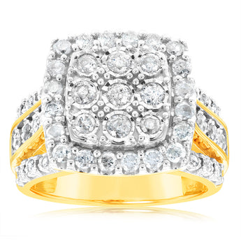 9ct Yellow Gold 2 Carat Diamond Cluster Square Dress Ring