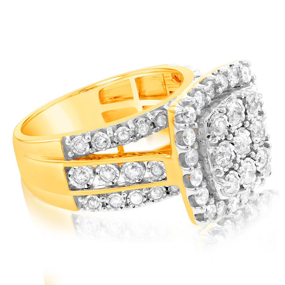 9ct Yellow Gold 2 Carat Diamond Cluster Square Dress Ring