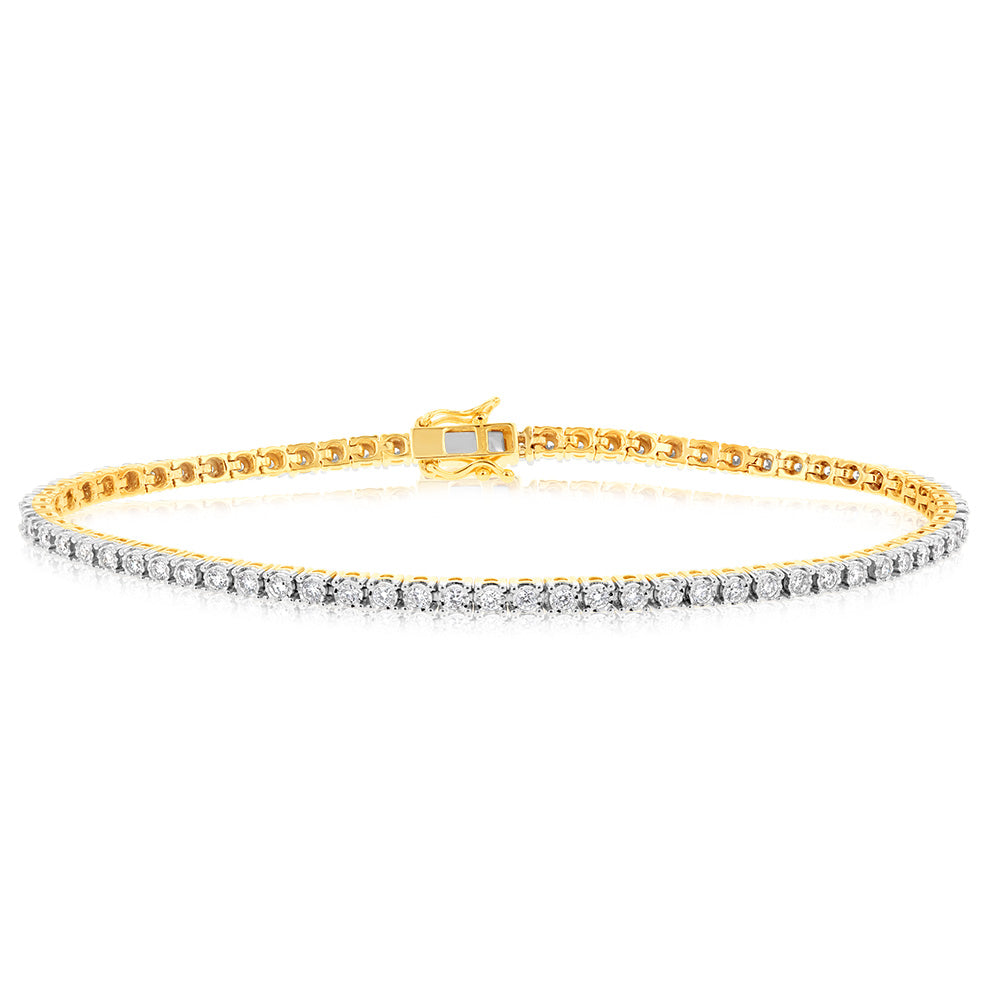 9ct Yellow Gold 1 Carat Lab Grown Diamond 18cm Tennis Bracelet with 72 Diamonds
